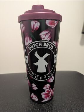 1992 Dutch Bros Coffee Floral Travel Tumbler - Black & Mauve
